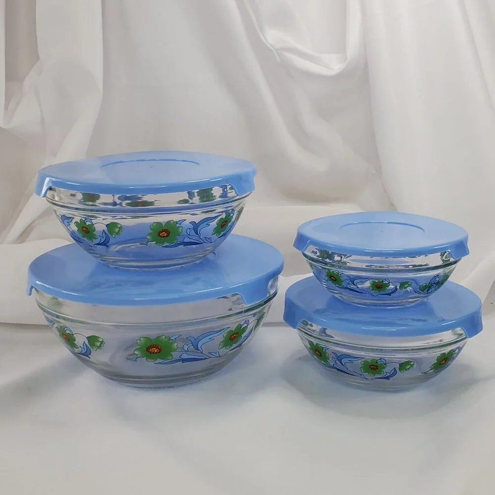 Vintage Imperial Glass Blue Green Flower Nesting Bowls Storage 1970's Set of 4 - Picture 14 of 14